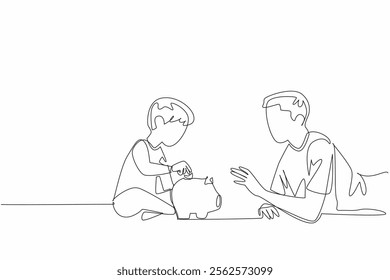 Single continuous line drawing father lying on stomach accompanying his son putting coins into the piggy bank. Hobby of saving. National Teach Children to Save Day. One line design vector illustration