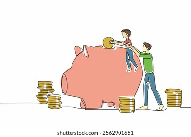 Single continuous line drawing father holding his son who wants to put big coins into the piggy bank. Teach in every condition. National Teach Children to Save Day. One line design vector illustration