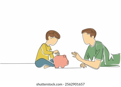 Single continuous line drawing father lying on stomach accompanying his son putting coins into the piggy bank. Hobby of saving. National Teach Children to Save Day. One line design vector illustration