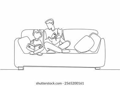 Single continuous line drawing father holding cat while watching his son reading a book. Very quality time together. Education. Knowledge. National Pet Parents Day. One line design vector illustration