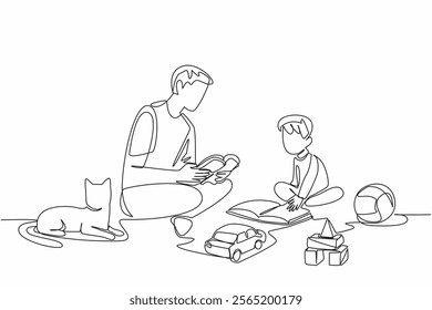 Single continuous line drawing father sits on the floor with son and reads a book to him. Channeling the hobby of reading while playing. National Pet Parents Day. One line design vector illustration