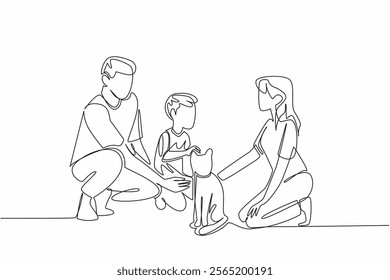 Single continuous line drawing a father and mother and their son are kneeling while they are all stroking a cat. Love in unity. Warmth. National Pet Parents Day. One line design vector illustration