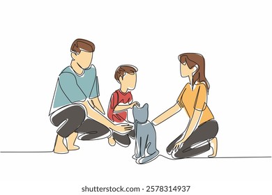 Single continuous line drawing a father and mother and their son are kneeling while they are all stroking a cat. Love in unity. Warmth. National Pet Parents Day. One line design vector illustration