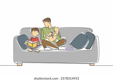 Single continuous line drawing father holding cat while watching his son reading a book. Very quality time together. Education. Knowledge. National Pet Parents Day. One line design vector illustration