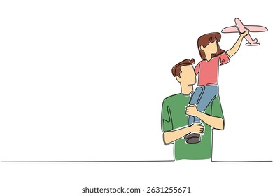 Single continuous line drawing father carrying his daughter on his shoulders and the child holding a toy airplane. Harmonious family. International Day of Boys. One line design vector illustration
