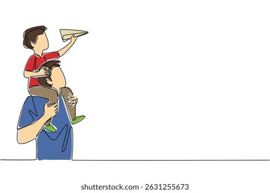 Single continuous line drawing father carrying his son on his shoulders and the child holding a paper airplane. Fun with toy planes. International Day of Boys. One line design vector illustration