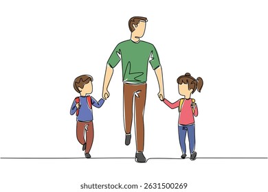 Single continuous line drawing a father holds his son and daughter on his right and left. The figure of a modern father. Responsible. Walk Safely To School Day. One line design vector illustration