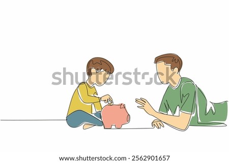Single continuous line drawing father lying on stomach accompanying his son putting coins into the piggy bank. Hobby of saving. National Teach Children to Save Day. One line design vector illustration