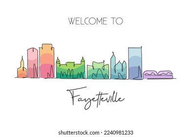 Single continuous line drawing of Fayetteville skyline, North Carolina. Famous city scraper landscape. World travel wall decor art poster print concept. Modern one line draw design vector illustration