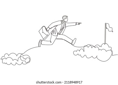 Single continuous line drawing fearless brave businessman make risk by jump over clouds to reach his success target or flag. Challenge of his career. One line draw graphic design vector illustration