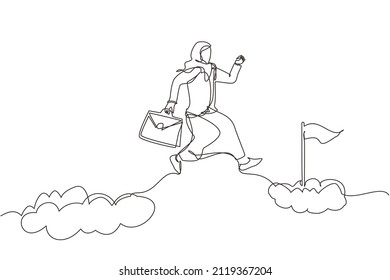 Una única línea contínua, dibujando valiente valiente empresaria árabe, arriesga saltando por las nubes para alcanzar su objetivo o bandera de éxito. Desafío de su carrera. Ilustración vectorial de diseño gráfico de una línea