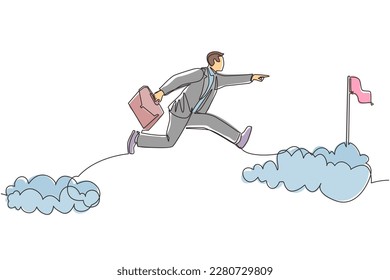 Single continuous line drawing fearless brave businessman make risk by jump over clouds to reach his success target or flag. Challenge of his career. One line draw graphic design vector illustration