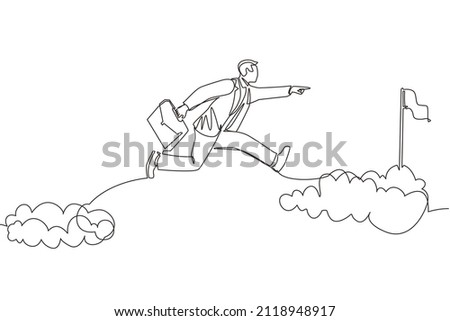 Single continuous line drawing fearless brave businessman make risk by jump over clouds to reach his success target or flag. Challenge of his career. One line draw graphic design vector illustration