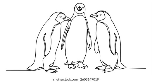 A single continuous line drawing features three adult penguins standing together, attentively observing their surroundings. Their posture reflects caution as they stay alert to potential dangers