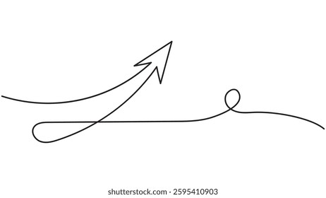 A single, continuous line drawing featuring an arrow pointing upward, symbolizing direction, growth, and progress. This minimalist illustration showcases a simple yet powerful concept 