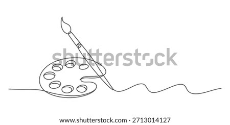 Single continuous line drawing featuring an artist palette with paint wells and a paintbrush Vector, illustration