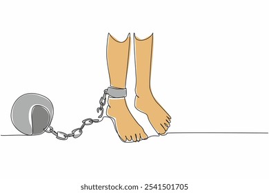 Single continuous line drawing feet shackled by metal prison ball chains whose chains are broken. Bitter memories of dark times. Human rights are not fulfilled. One line design vector illustration