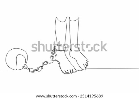 Single continuous line drawing feet shackled by metal prison ball chains whose chains are broken. Bitter memories of dark times. Human rights are not fulfilled. One line design vector illustration