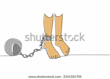 Single continuous line drawing feet shackled by metal prison ball chains whose chains are broken. Bitter memories of dark times. Human rights are not fulfilled. One line design vector illustration