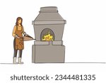 Single continuous line drawing female blacksmith standing wearing apron, pumping forge bellows. Metal worker at work furnace oven fire coal workshop. One line draw graphic design vector illustration
