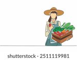 Single continuous line drawing female farmer carrying wooden box filled with vegetables. Tomatoes in hand. Looks very fresh and sweet. National Agriculture Day. One line design vector illustration