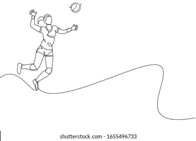 Single continuous line drawing of female young volleyball athlete player in action jumping spike on court. Team sport concept. Competition game. Trendy one line draw design vector graphic illustration