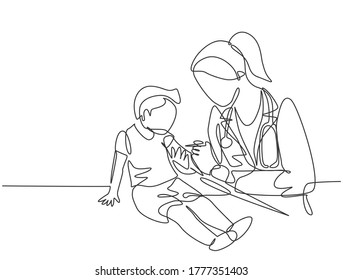 Single Continuous Line Drawing Of Female Pediatric Doctor Giving Vaccine Immunization Injection To Young Boy Patient. Medical Health Care Treatment Concept One Line Draw Design Vector Illustration