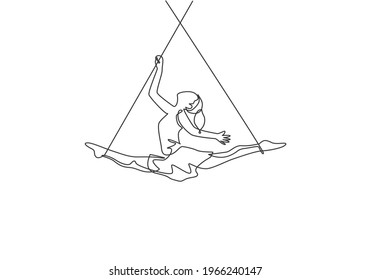 Single continuous line drawing a female acrobat performs on the trapeze while dancing and spreading her legs apart. It takes courage and risks. Dynamic one line draw graphic design vector illustration