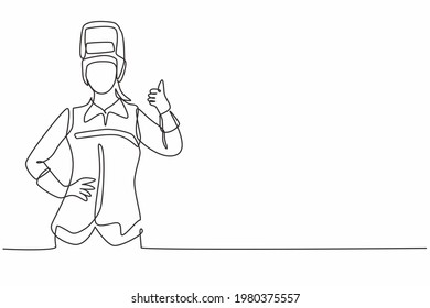 Single continuous line drawing female welder with a thumb-up gesture works in the construction of a building forming a steel frame melted by fire. One line draw graphic design vector illustration