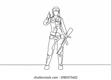 Single continuous line drawing female soldiers stand with weapons, uniforms, thumbs-up gestures serving the country with strength of military forces. One line draw graphic design vector illustration