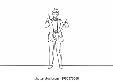 Científica científica de línea continua de una sola línea parada con un gesto de pulgares hacia arriba y sosteniendo un tubo de medición lleno de un líquido químico. ilustración vectorial de diseño gráfico de una línea dinámica