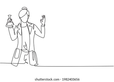 Single continuous line drawing female scientist with gesture okay and holding measuring tube to examining chemical solution to make vaccine. Dynamic one line draw graphic design vector illustration