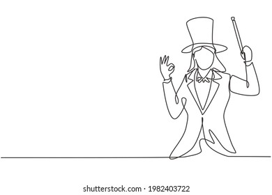 Single continuous line drawing female magician with gesture okay wearing hat and holding magic stick ready to entertain audience at television show. One line draw graphic design vector illustration