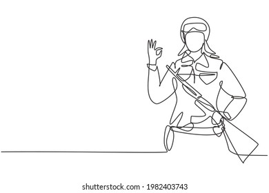 Una sola línea contínua dibujando a las mujeres soldados con armas, uniforme, gesto bien está listo para defender al país en el campo de batalla contra el enemigo. ilustración vectorial de diseño gráfico de una línea dinámica