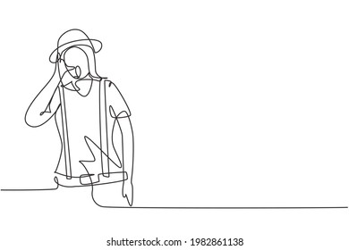 Single continuous line drawing female mime artist with call me gesture and white face make-up puts on a silent motion comedy show at circus arena. One line draw graphic design vector illustration