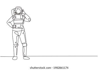 Single continuous line drawing female astronaut stands with call me gesture wearing spacesuit exploring earth, moon, other planets in universe. Dynamic one line draw graphic design vector illustration