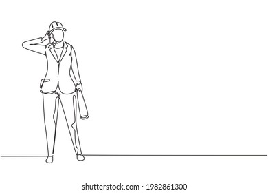 Single continuous line drawing female architect stood with call me gesture and wearing helmet carrying blueprint for the building's work plan. Dynamic one line draw graphic design vector illustration
