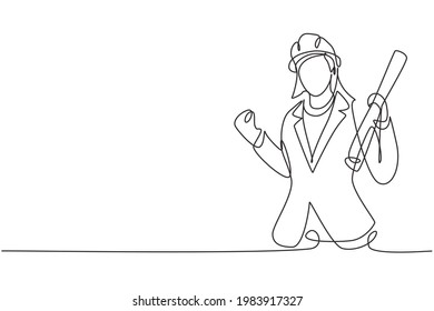 Single continuous line drawing female architect with celebrate gesture and wearing helmet carried building construction drawing paper. Success person. One line draw graphic design vector illustration