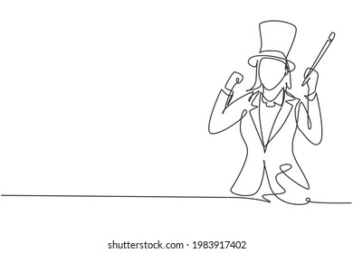 Single continuous line drawing female magician with celebrate gesture wearing hat and holding magic stick ready to entertain audience at television. One line draw graphic design vector illustration