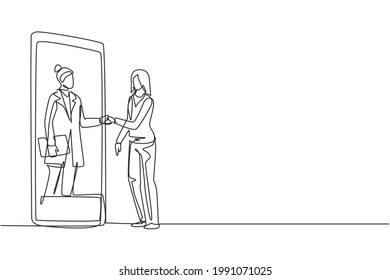 Single continuous line drawing female patient shaking hands with female doctor in smartphone holding clipboard. Online medical consultation concept. One line draw graphic design vector illustration