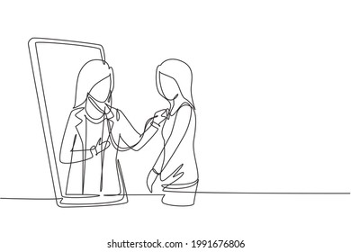 Single continuous line drawing female doctor comes out of smartphone screen and checks female patient's heart rate using a stethoscope. Online doctor. One line draw graphic design vector illustration