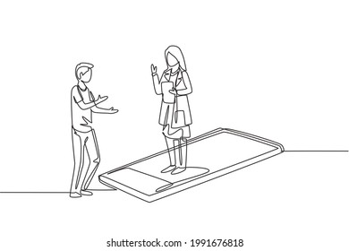 Single continuous line drawing female doctor standing on smartphone, in front of her standing male patient. Online doctor consultation concept. Dynamic one line draw graphic design vector illustration