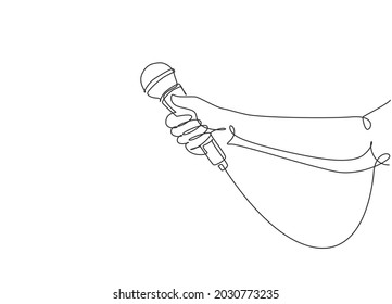 Single continuous line drawing female hand with microphone, on white background. Reporter television tv news holding microphone in her hand. Dynamic one line draw graphic design vector illustration