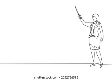Single continuous line drawing female teacher, professor standing in front of class with pointer stick teaching lesson. School woman teacher in blazer. One line draw graphic design vector illustration