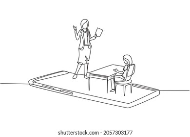 Single continuous line drawing female teacher teaching female junior high school student who sits on bench around desk and studies on smartphone. One line draw graphic design vector illustration