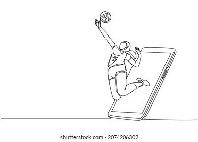 Single continuous line drawing female professional volleyball player exercising jumping spike getting out of smartphone screen. Online volleyball game app. One line draw design vector illustration