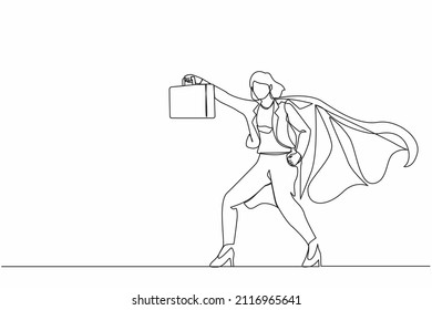 Single continuous line drawing female businesswoman superhero standing with suitcase. Portrait of young office worker. Office, business, employee concept. One line graphic design vector illustration