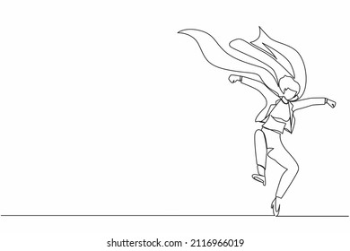 Single continuous line drawing female businesswoman superhero in cloak. Successful superhero landing from the sky. Leadership, challenge goal achievement. Dynamic one line draw graphic design vector