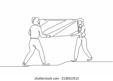 Single Continuous Line Drawing Female Loaders Carrying Big Mirror To New Office. Two Businesswomen With Furniture In Building Hall. Moving To New Apartment, Delivery. One Line Graphic Design Vector