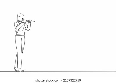 Single continuous line drawing female musician playing flute. Flutist performing classical music on wind instrument. Solo performance of talented flautist. One line graphic design vector illustration